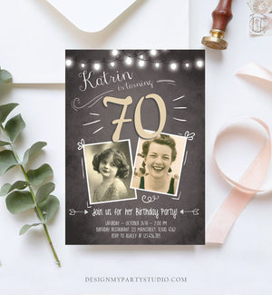 Editable 70th Birthday Invitation ANY AGE Chalkboard Rustic Adult Seventy Photo Vintage Platinum Jubilee Anniversary Corjl Template 0230
