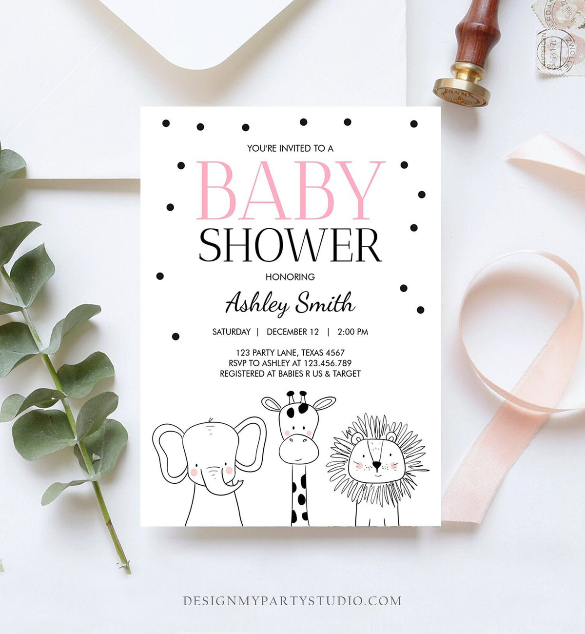 Editable Baby Shower Invitation Animals Cute Safari Animal Zoo Jungle Pink Girl Modern Baby Shower Template Download Digital Corjl 0039