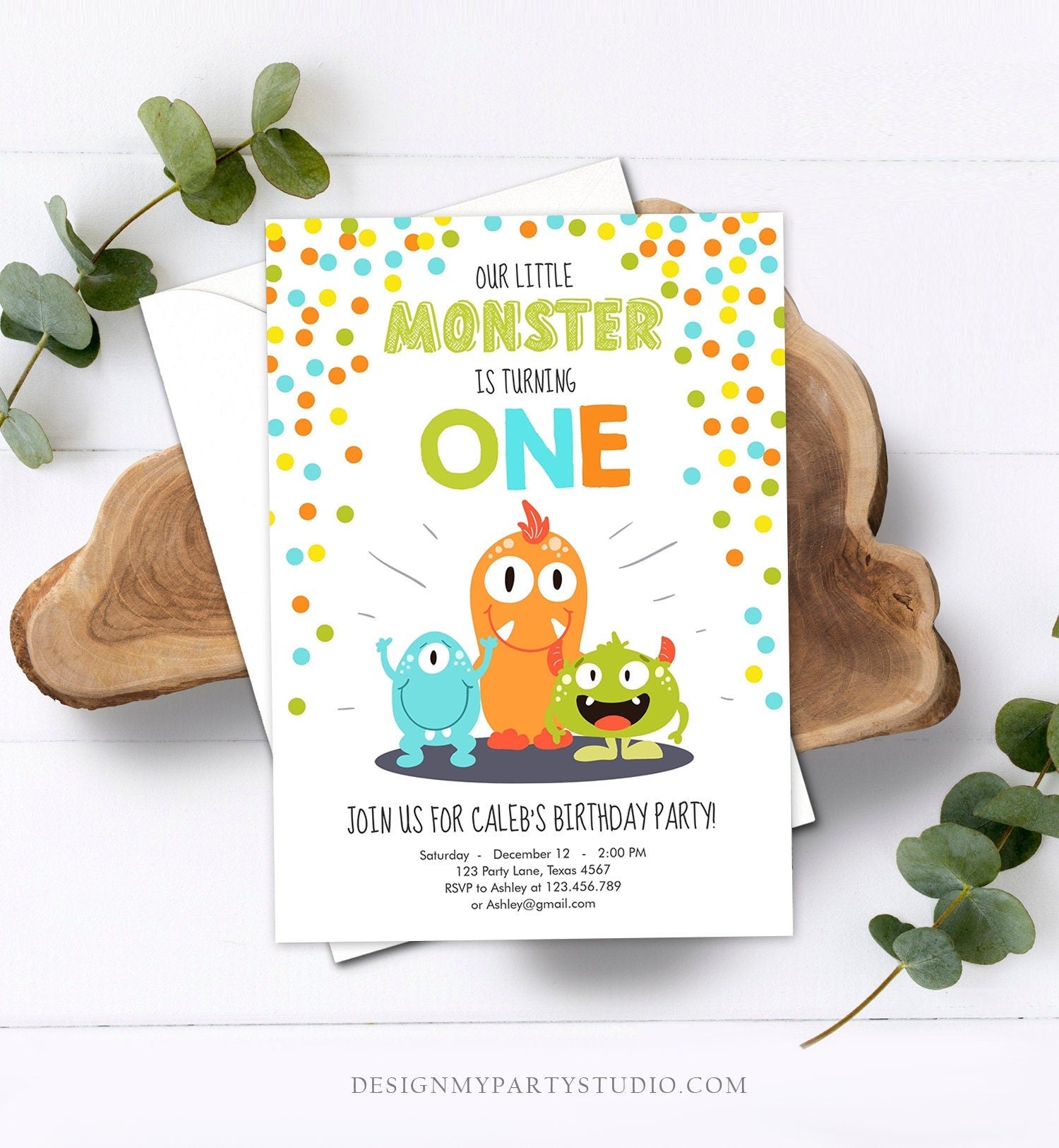 Editable Little Monster Birthday Invitation First Birthday Party Monsters Boy Confetti 1st Orange Blue One Printable Corjl Template 0058