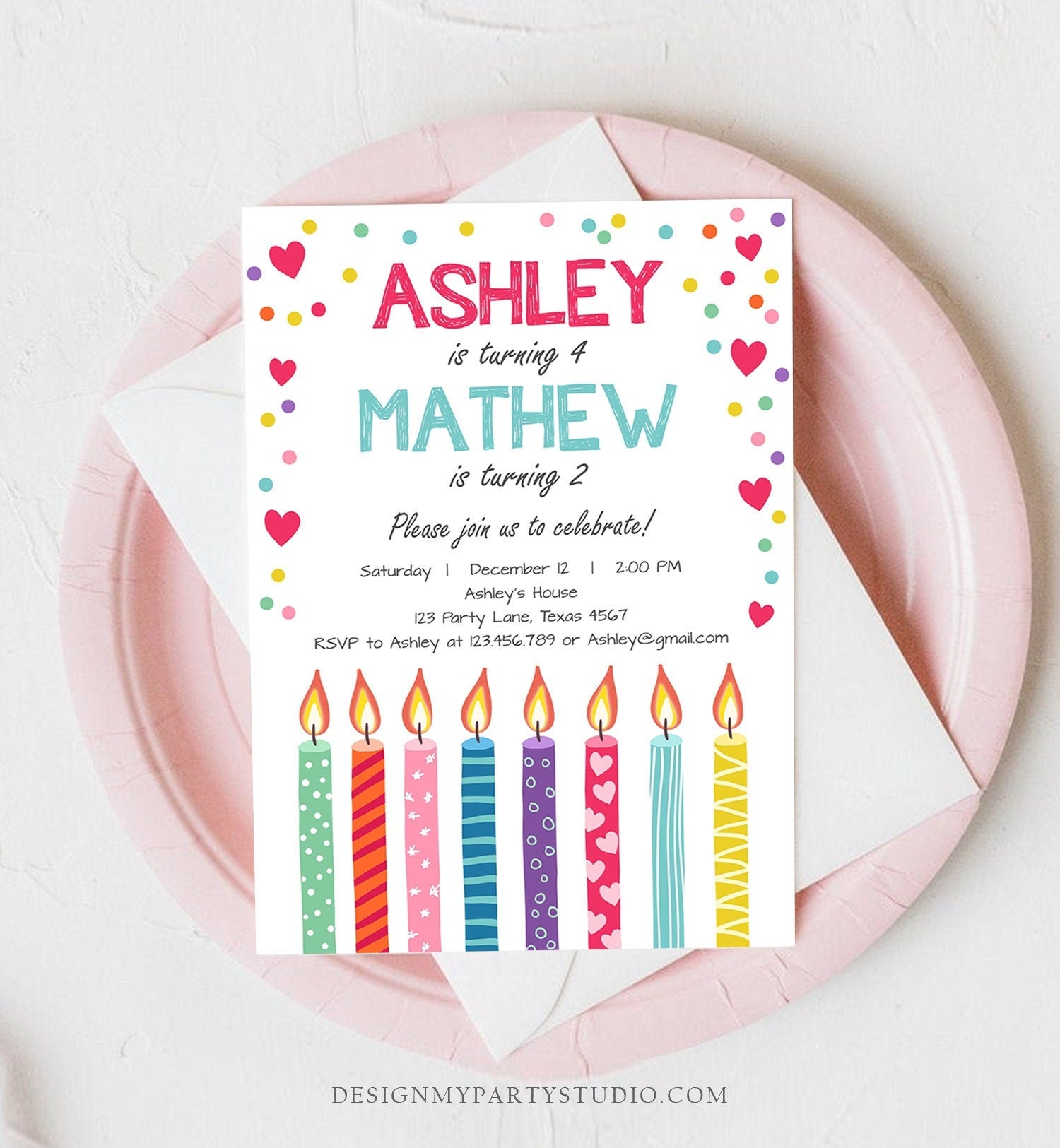 Editable Valentine Twin Birthday Invitation Twins Joint Confetti Hearts Siblings Party Boy Girl Digital Corjl Template Printable 0277