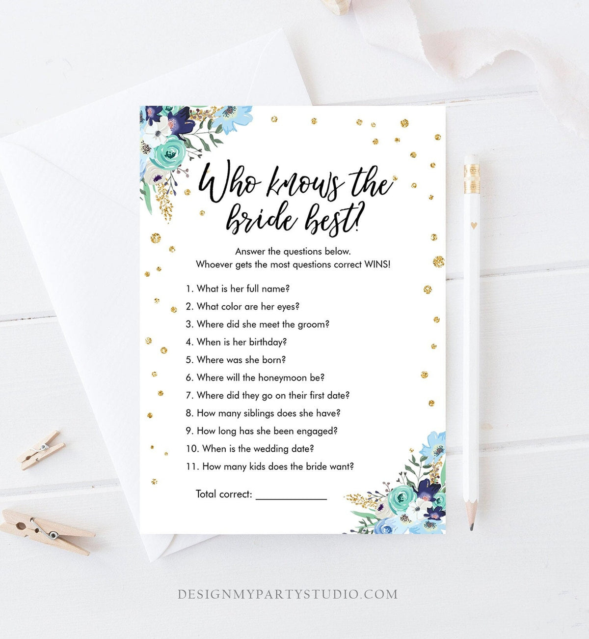 Editable Who Knows the Bride Best Bridal Shower Game Wedding Shower Activity Floral Blue Gold Confetti Corjl Template Printable 0030