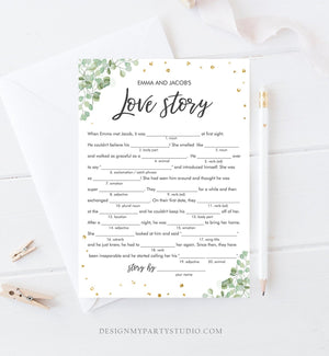 Editable Love Story Bridal Shower Game Funny Eucalyptus Gold Confetti Shower Activity Wedding Foliage Download Corjl Template 0030 0318