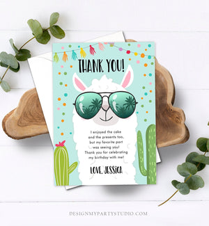 Editable Llama Thank You Card Fiesta Mexican Birthday Sunglasses Thank You Note Shower Cactus Blue Boy Alpaca Corjl Template Printable 0079
