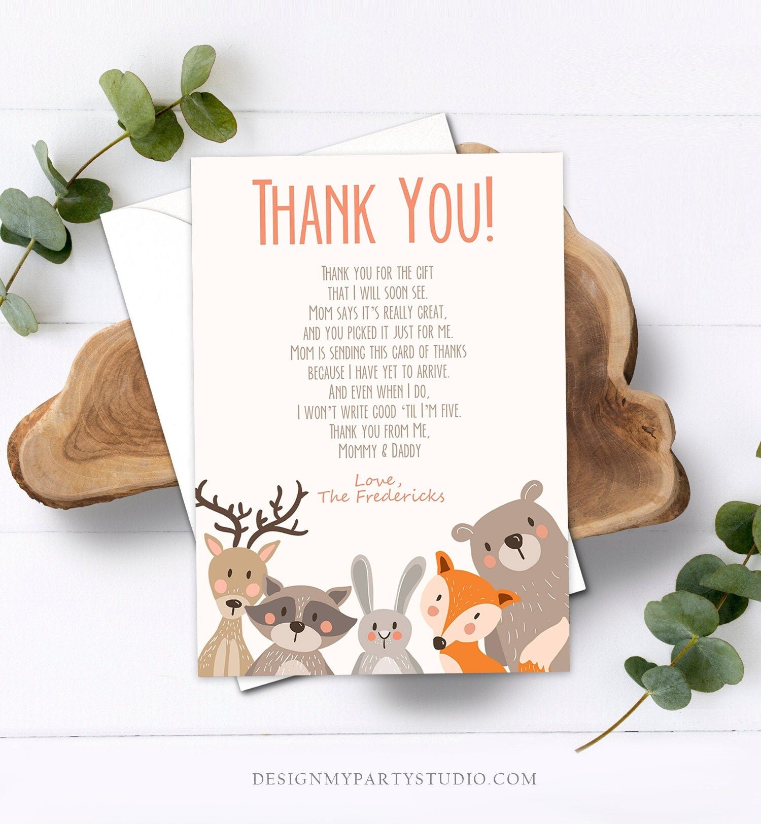 Editable Baby shower Thank you note Woodland Thank You Rustic Cute Animals Forest Gender Neutral Template Instant Download Corjl 0010