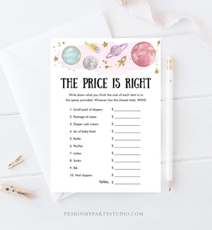 Editable The Price is Right Baby Shower Game Outer Space Planets Houston We Have Girl Rocket Neutral Activity Corjl Template Printable 0357