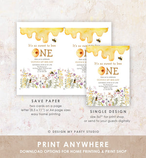 Editable Sweet to Bee One Invitation First Bee-Day Party 1st Bee Day Honey Girl First Birthday Bumble Bee Invitation Digital Corjl 0502