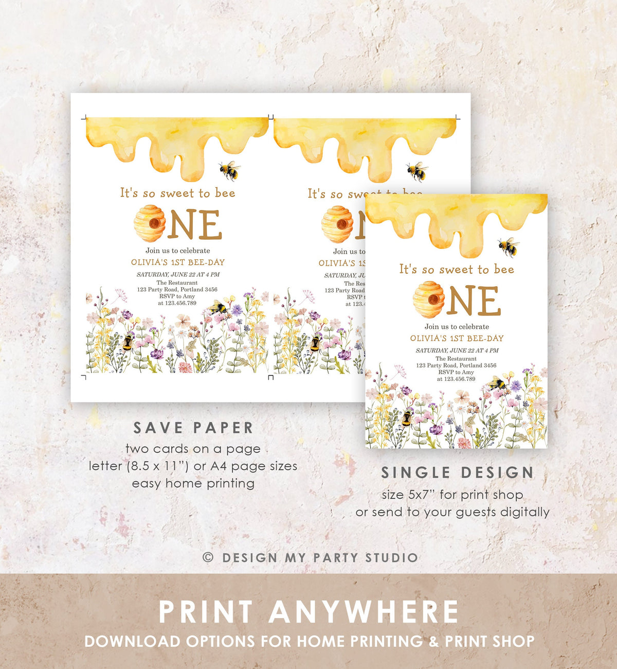 Editable Sweet to Bee One Invitation First Bee-Day Party 1st Bee Day Honey Girl First Birthday Bumble Bee Invitation Digital Corjl 0502
