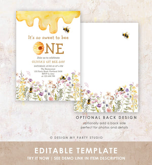 Editable Sweet to Bee One Invitation First Bee-Day Party 1st Bee Day Honey Girl First Birthday Bumble Bee Invitation Digital Corjl 0502