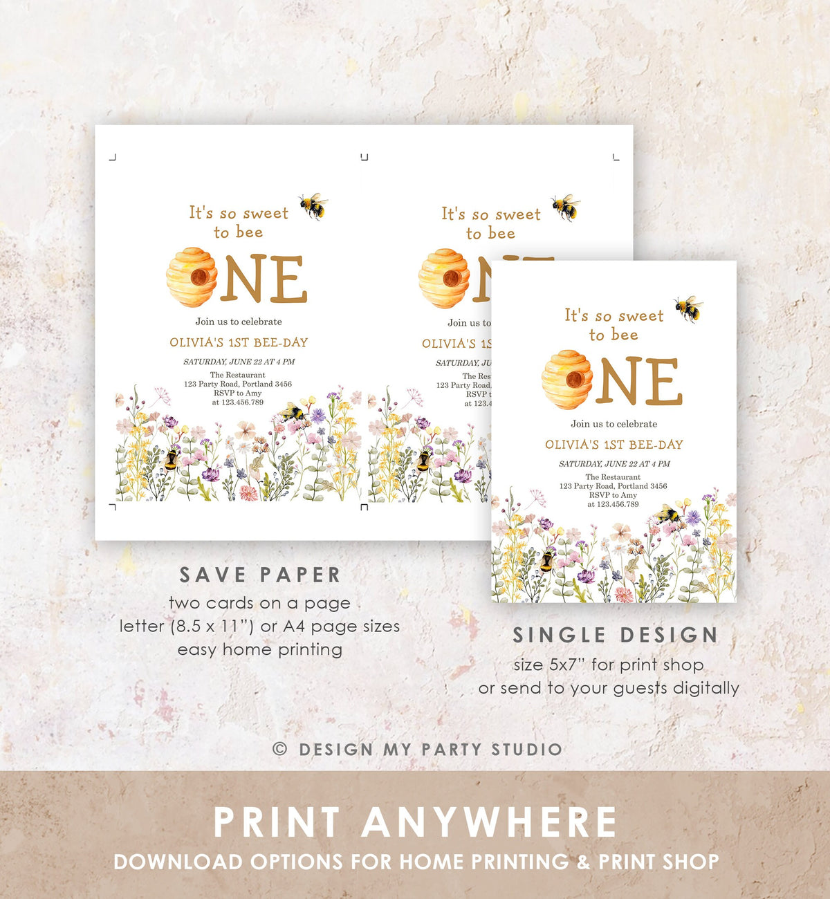 Editable Sweet to Bee One Invitation First Bee-Day Party 1st Bee Day Honey Girl First Birthday Bumble Bee Digital Template Printable 0502