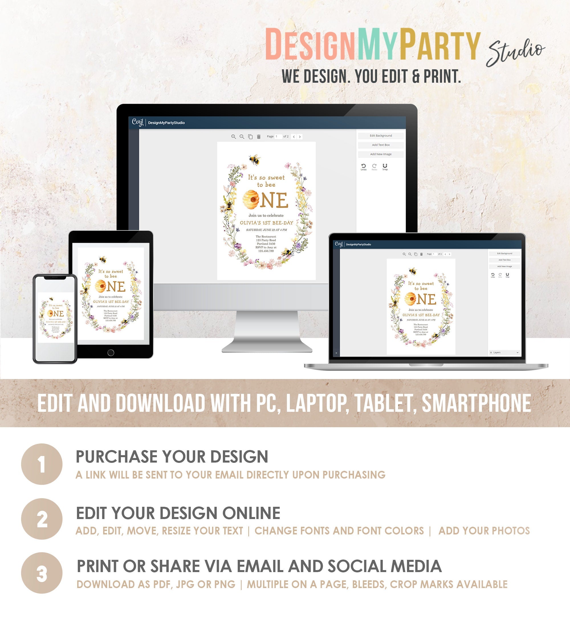 Editable Sweet to Bee One Invitation First Bee-Day Party 1st Bee Day Honey Girl First Birthday Bumble Bee Invitation Digital Printable 0502