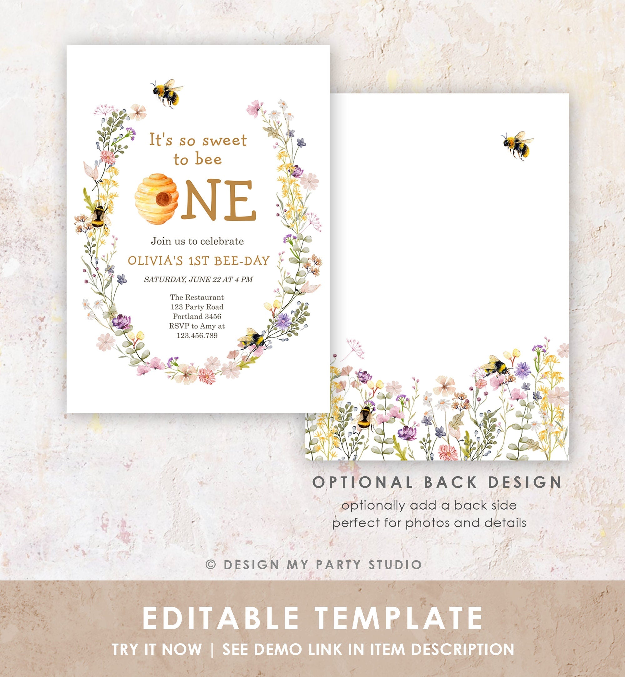 Editable Sweet to Bee One Invitation First Bee-Day Party 1st Bee Day Honey Girl First Birthday Bumble Bee Invitation Digital Printable 0502