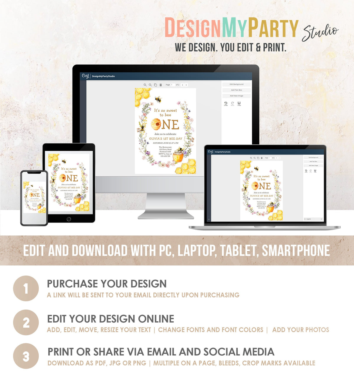 Editable Sweet to Bee One Invitation First Bee-Day Party 1st Bee Day Honey Girl First Birthday Bumble Bee Invitation Digital Corjl 0502