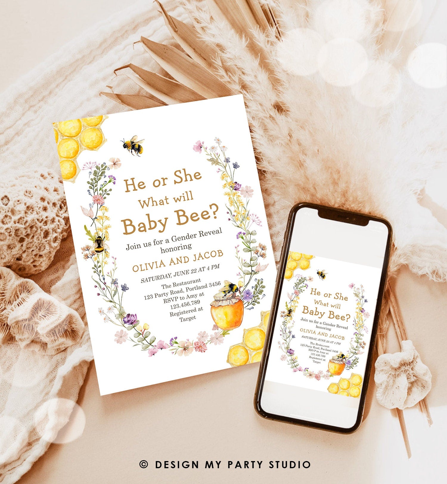 Editable Bee Gender Reveal Invitation What Will Baby Bee Invitation Gender Neutral Honey Instant Download Template Digital Corjl 0502
