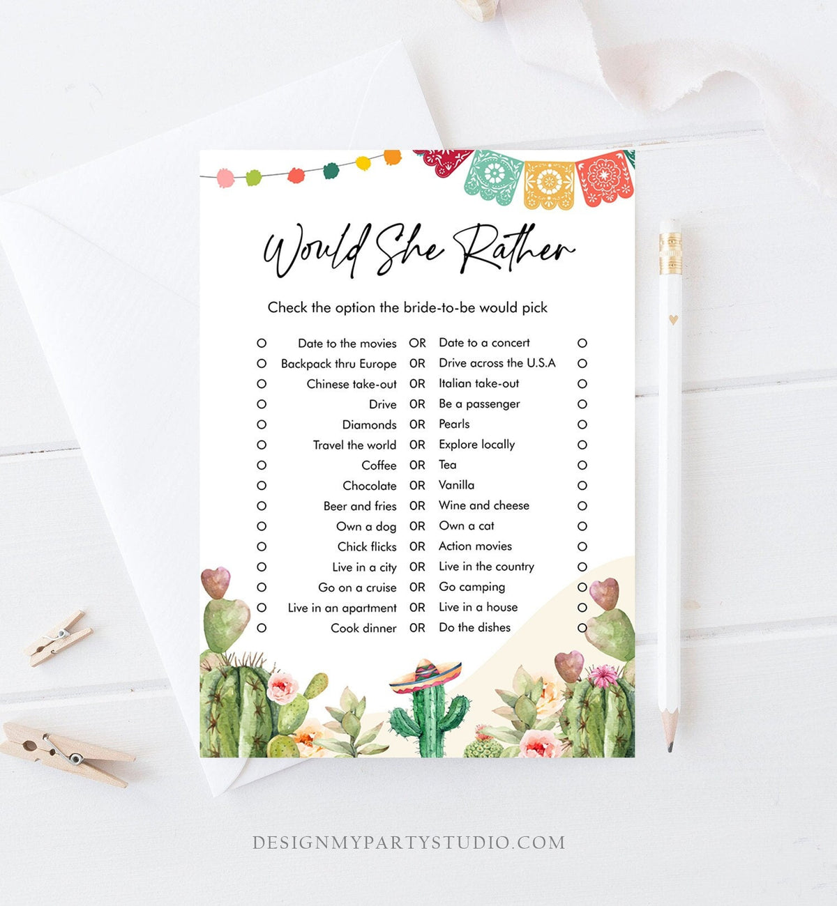Editable Would She Rather Bridal Shower Game Cactus Fiesta Mexican Coed Shower Succulent Wedding Activity Digital Template Printable 0404