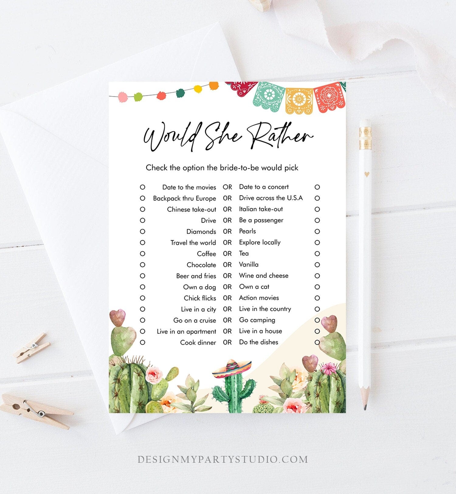 Editable Would She Rather Bridal Shower Game Cactus Fiesta Mexican Coed Shower Succulent Wedding Activity Digital Template Printable 0404
