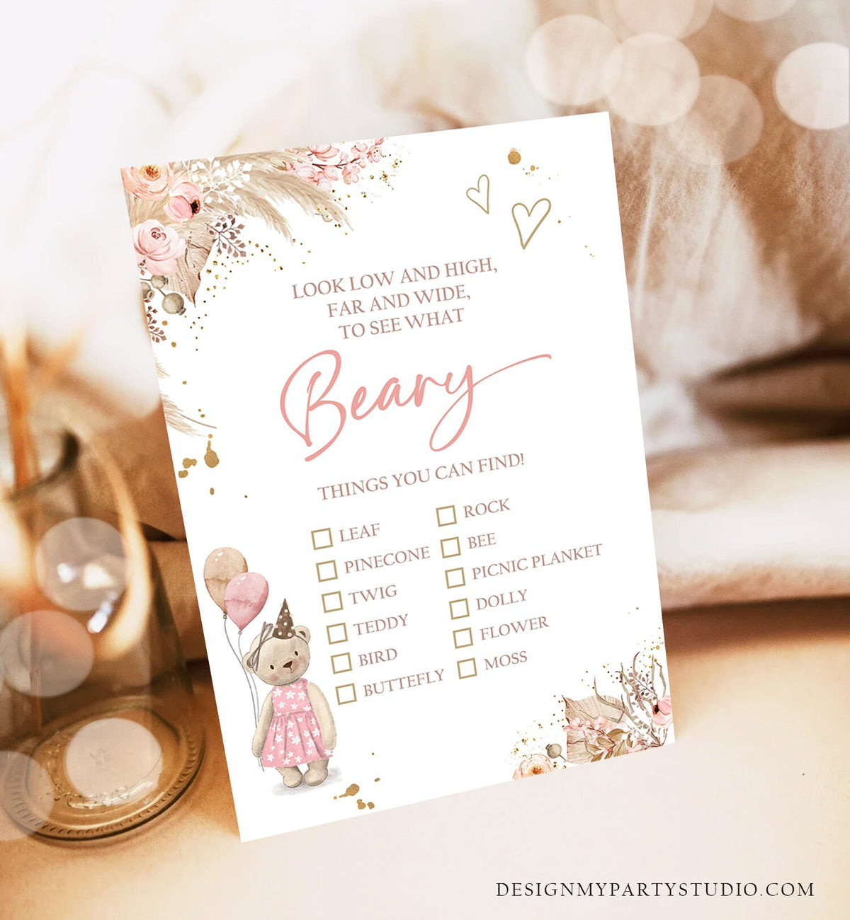 Editable Scavenger Hunt Checklist Game Party Teddy Bear Birthday Activity Whimsical Bear Forest Garden Girl Digital Template Printable 0421