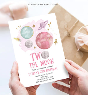Editable Two the Moon 2nd Birthday Invitation Girl Pink Space Two The Moon Second Birthday Galaxy Download Corjl Template Printable 0357
