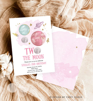 Editable Two the Moon 2nd Birthday Invitation Girl Pink Space Two The Moon Second Birthday Galaxy Download Corjl Template Printable 0357