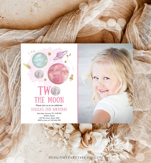 Editable Two the Moon 2nd Second Birthday Invitation Girl Pink Space Two the Moon Galaxy Download Printable Template Digital Corjl 0357