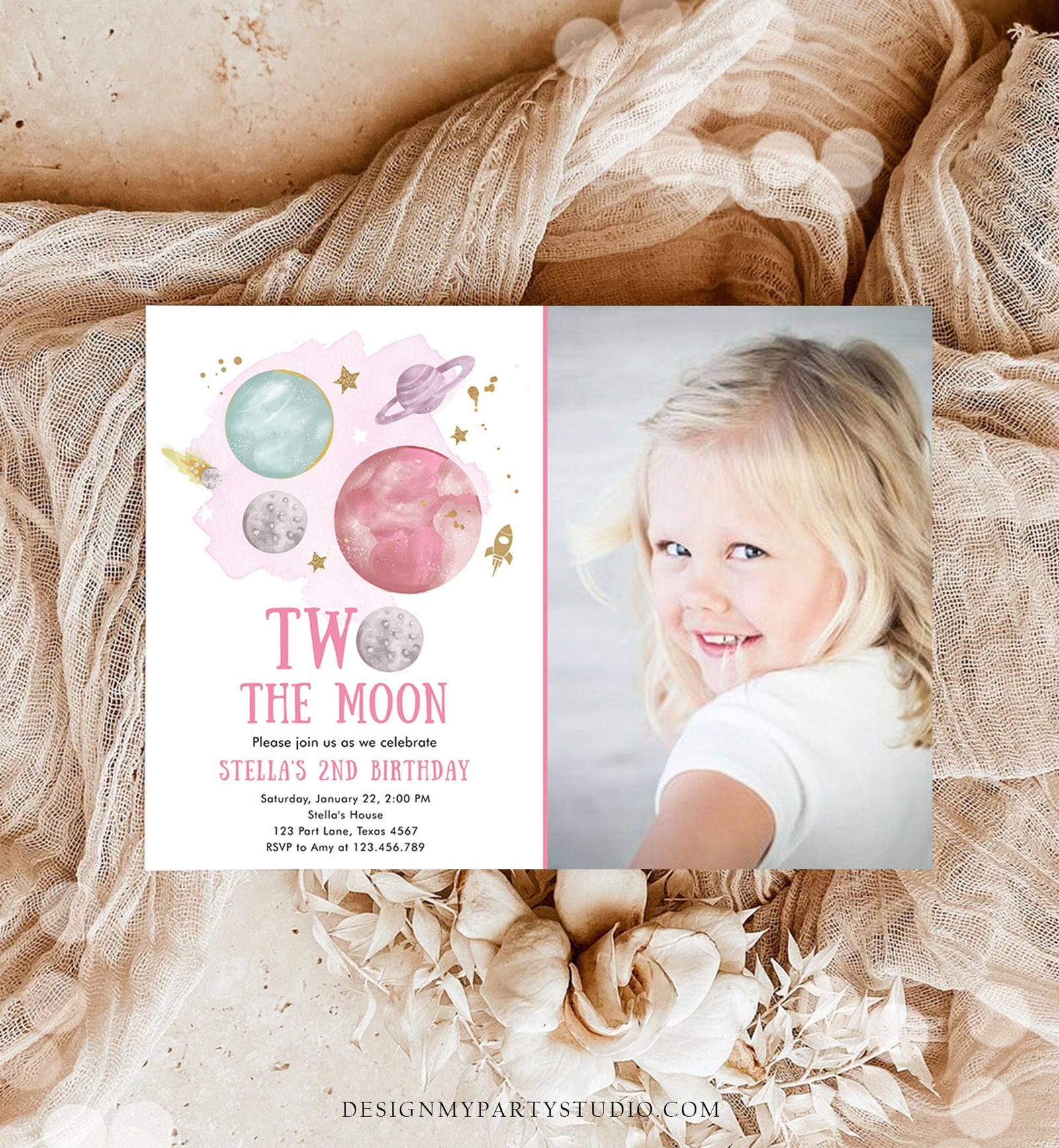 Editable Two the Moon 2nd Second Birthday Invitation Girl Pink Space Two the Moon Galaxy Digital Download Evite Template Printable 0357