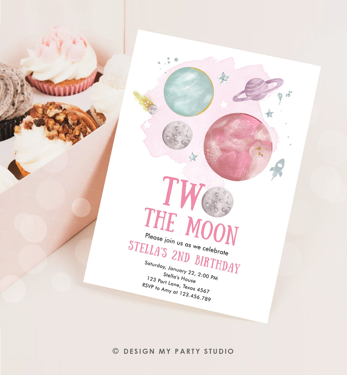 Editable Two the Moon 2nd Second Birthday Invitation Girl Pink Silver Space Planets Galaxy Digital Download Evite Template Printable 0357