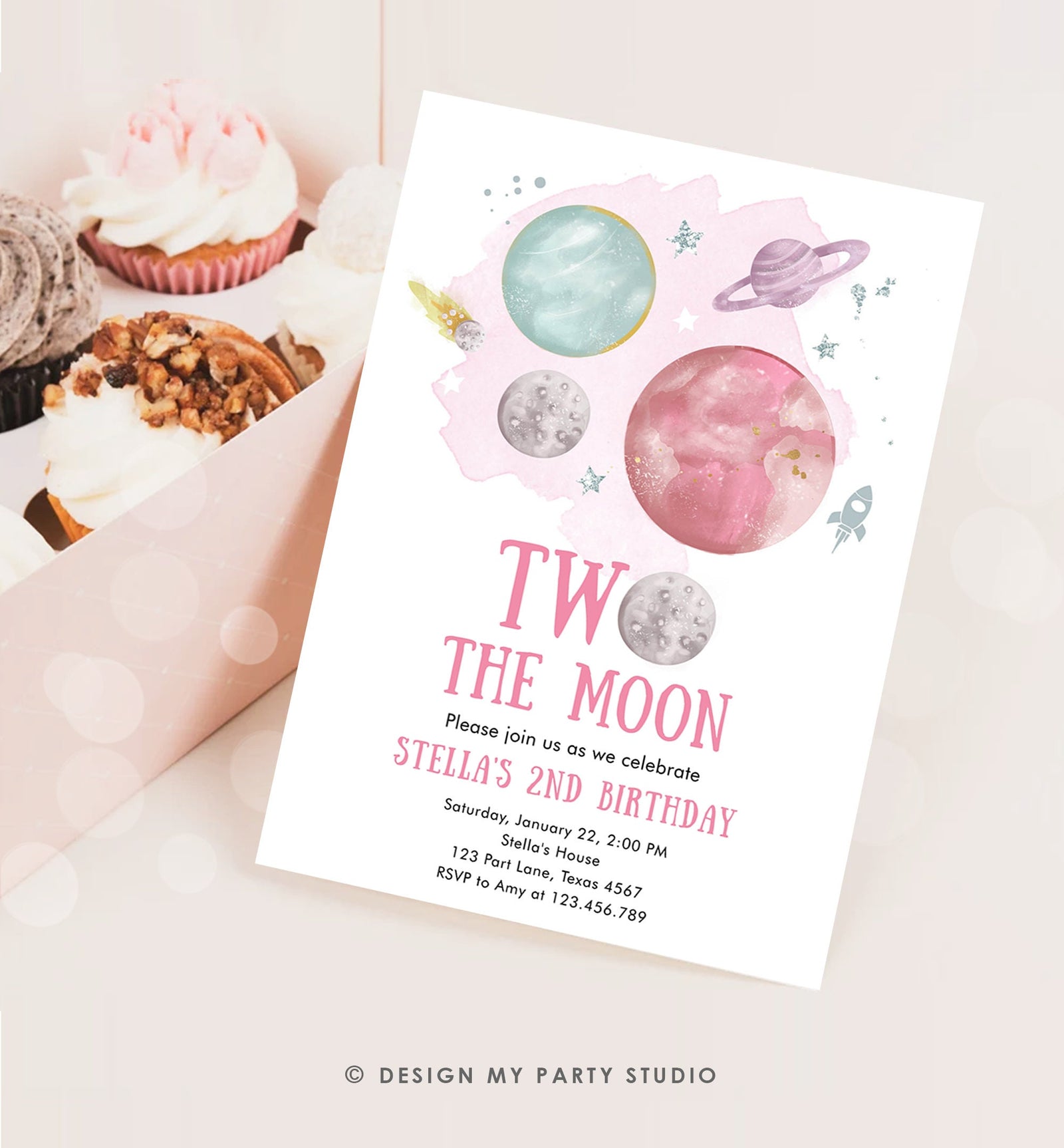 Editable Two the Moon 2nd Second Birthday Invitation Girl Pink Silver Space Planets Galaxy Digital Download Evite Template Printable 0357