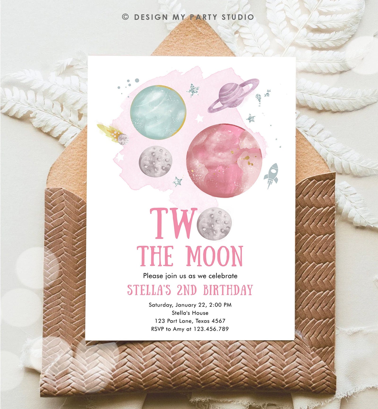 Editable Two the Moon 2nd Second Birthday Invitation Girl Pink Silver Space Planets Galaxy Digital Download Evite Template Printable 0357
