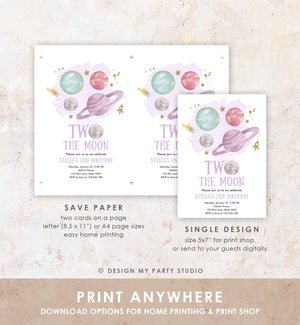 Editable Two the Moon 2nd Second Birthday Invitation Girl Purple Space Two the Moon Galaxy Download Printable Template Digital Corjl 0357