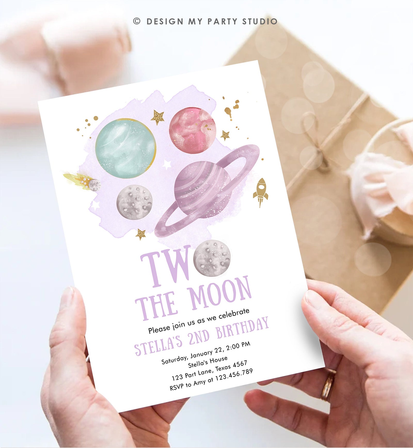 Editable Two the Moon 2nd Second Birthday Invitation Girl Purple Space Two the Moon Galaxy Download Printable Template Digital Corjl 0357