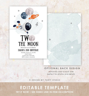 Editable Two the Moon Outer Space Birthday Invitation Out of this World Astronaut Blue Orange Boy Second 2nd Corjl Template Printable 0366