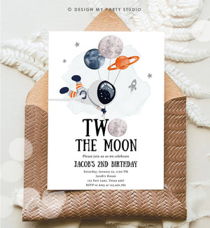 Editable Two the Moon Outer Space Birthday Invitation Out of this World Astronaut Blue Orange Boy Second 2nd Corjl Template Printable 0366
