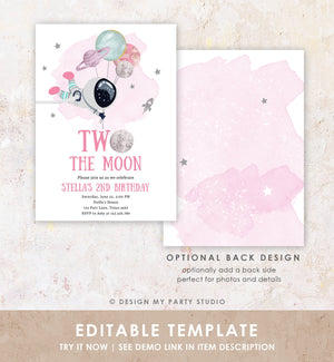 Editable Two the Moon Outer Space Birthday Invitation Out of this World Astronaut Pink Silver Girl Second 2nd Corjl Template Printable 0366