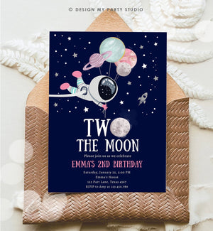 Editable Two the Moon Outer Space Birthday Invitation Out of this World Astronaut Blue Silver Girl Second 2nd Corjl Template Printable 0366