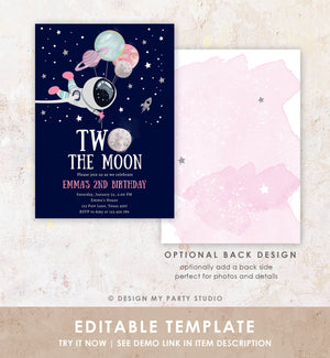 Editable Two the Moon Outer Space Birthday Invitation Out of this World Astronaut Blue Silver Girl Second 2nd Corjl Template Printable 0366