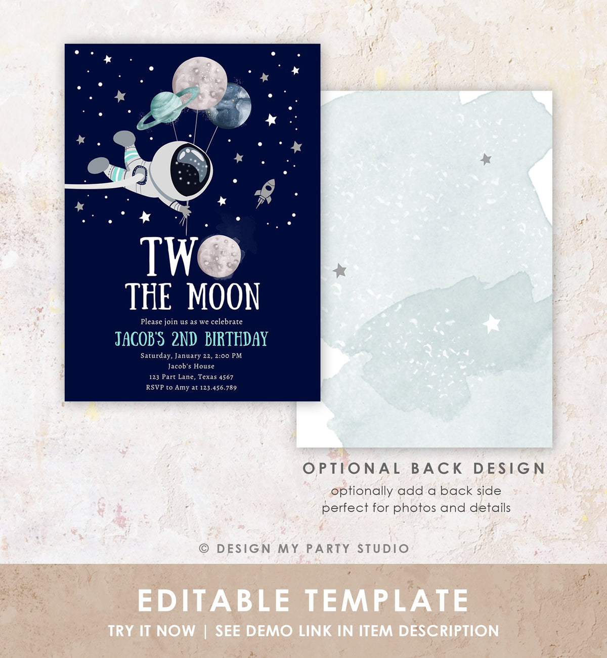 Editable Two the Moon Outer Space Birthday Invitation Out of this World Astronaut Blue Silver Boy Second 2nd Digital Template Printable 0366