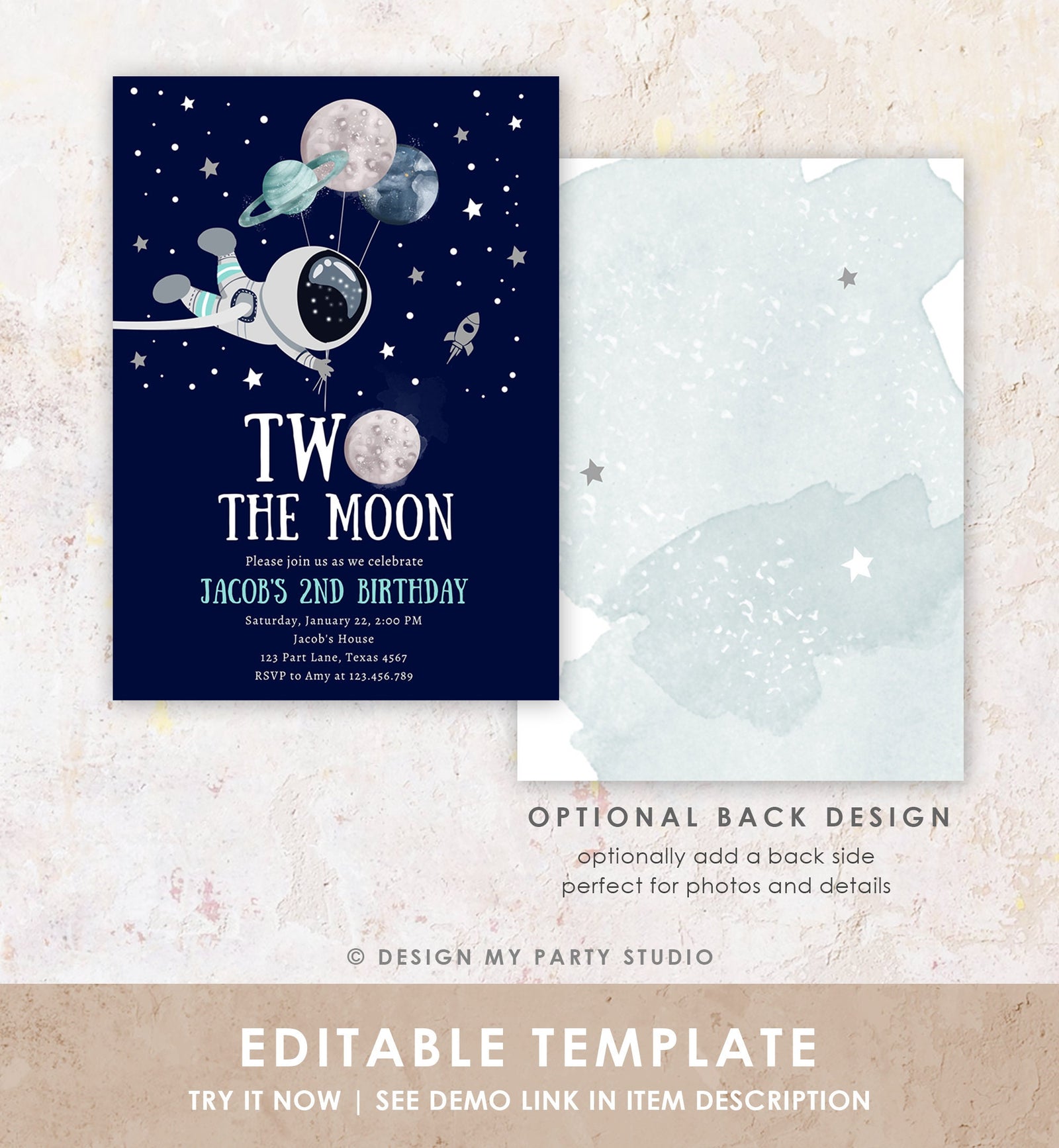 Editable Two the Moon Outer Space Birthday Invitation Out of this World Astronaut Blue Silver Boy Second 2nd Digital Template Printable 0366