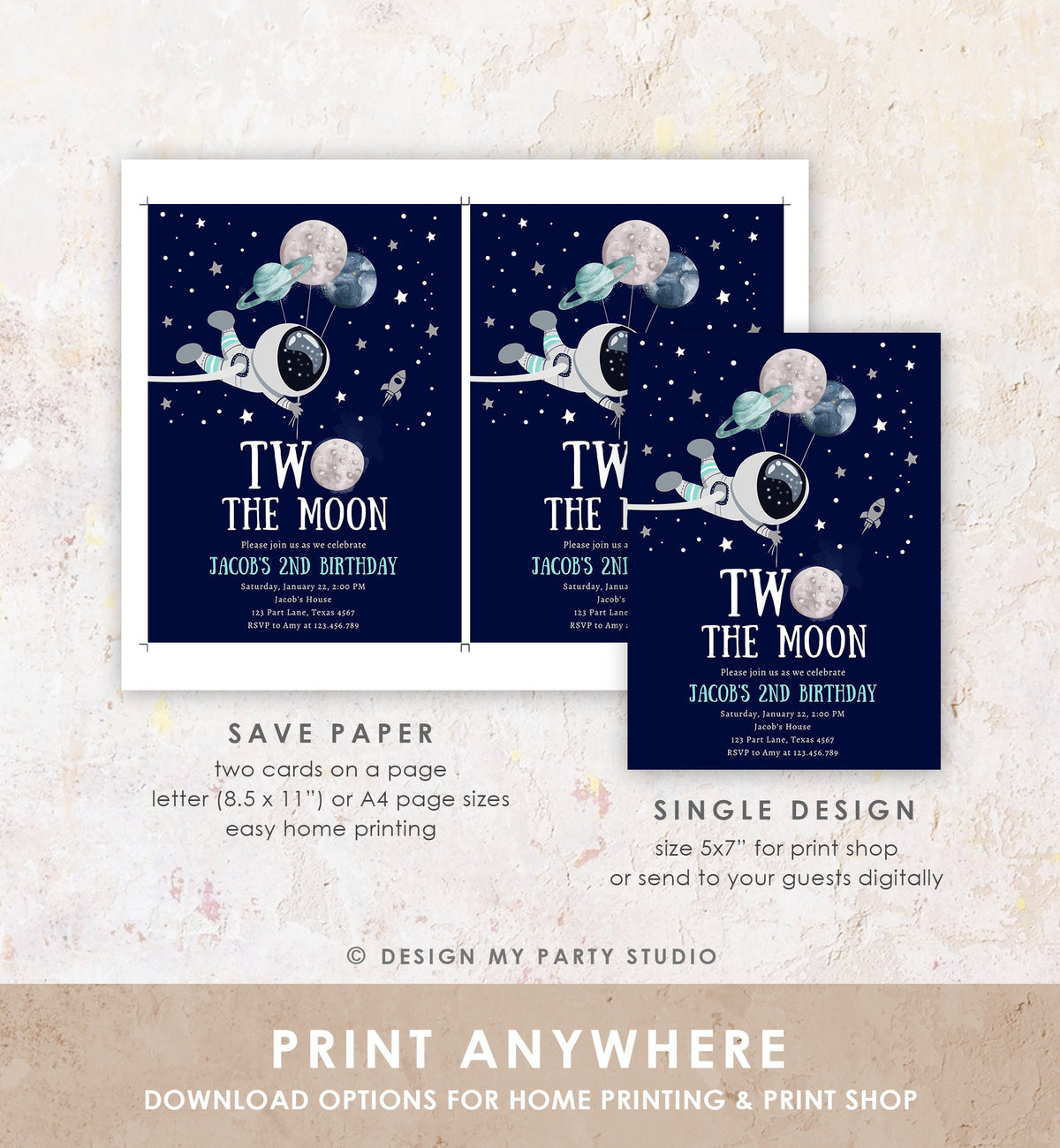 Editable Two the Moon Outer Space Birthday Invitation Out of this World Astronaut Blue Silver Boy Second 2nd Digital Template Printable 0366