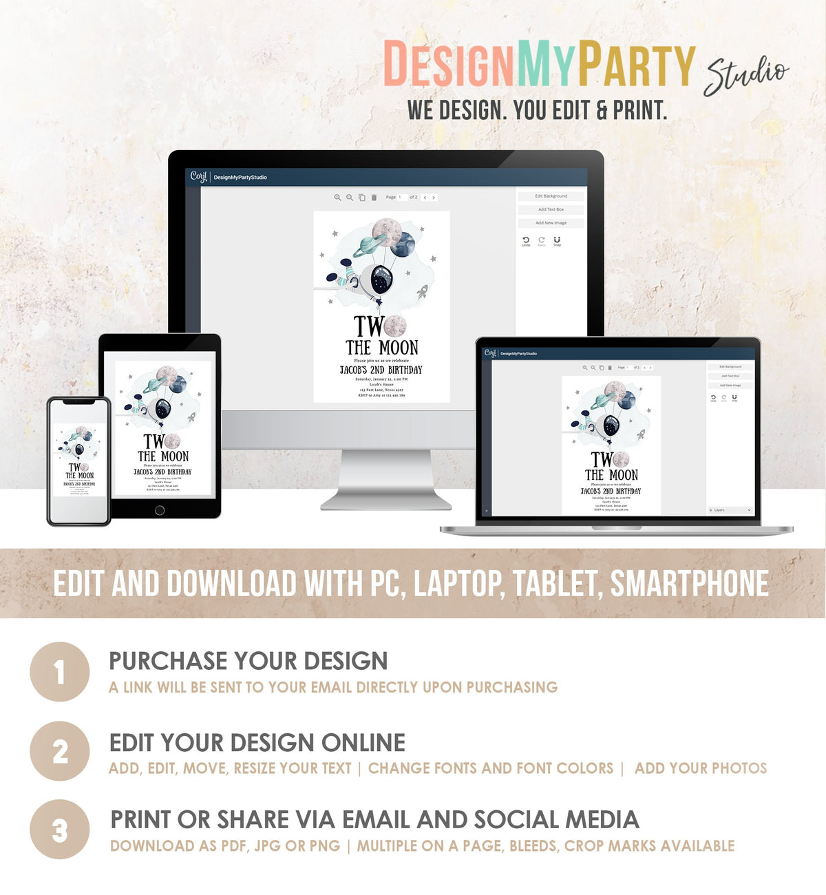 Editable Two the Moon Outer Space Birthday Invitation Out of this World Astronaut Blue Silver Boy Second 2nd Evite Template Printable 0366