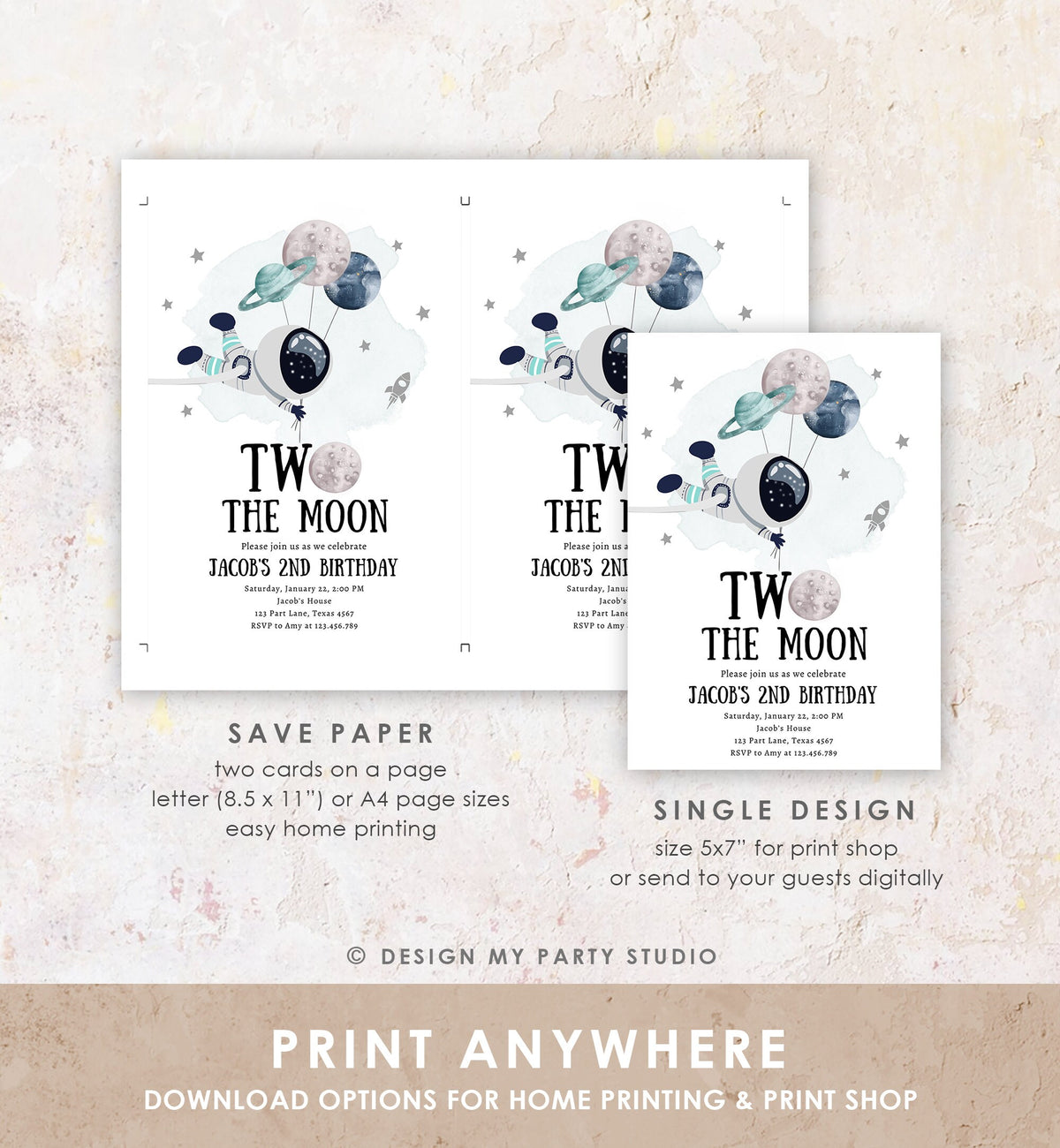 Editable Two the Moon Outer Space Birthday Invitation Out of this World Astronaut Blue Silver Boy Second 2nd Evite Template Printable 0366