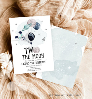Editable Two the Moon Outer Space Birthday Invitation Out of this World Astronaut Blue Silver Boy Second 2nd Corjl Template Printable 0366
