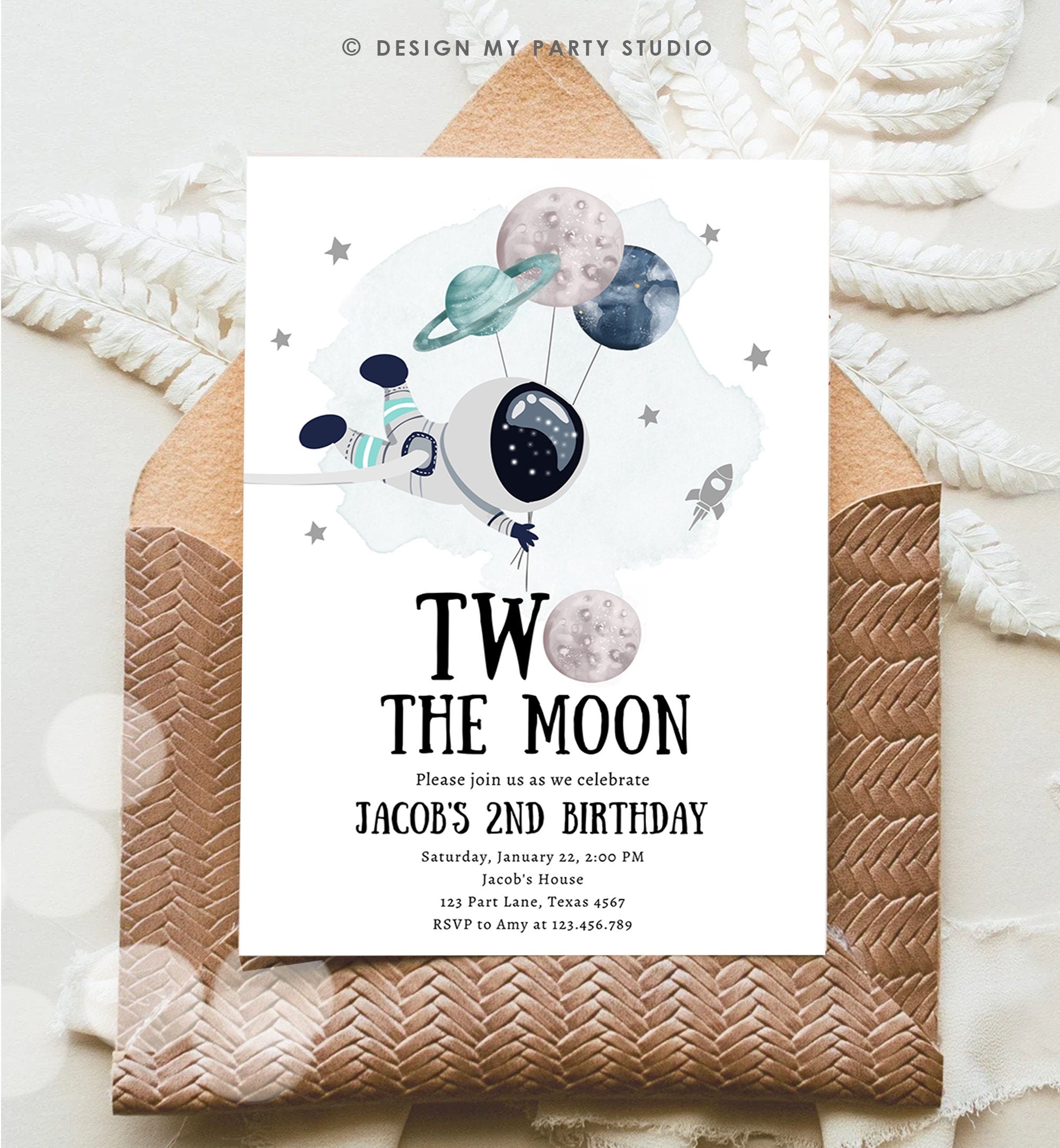 Editable Two the Moon Outer Space Birthday Invitation Out of this World Astronaut Blue Silver Boy Second 2nd Corjl Template Printable 0366