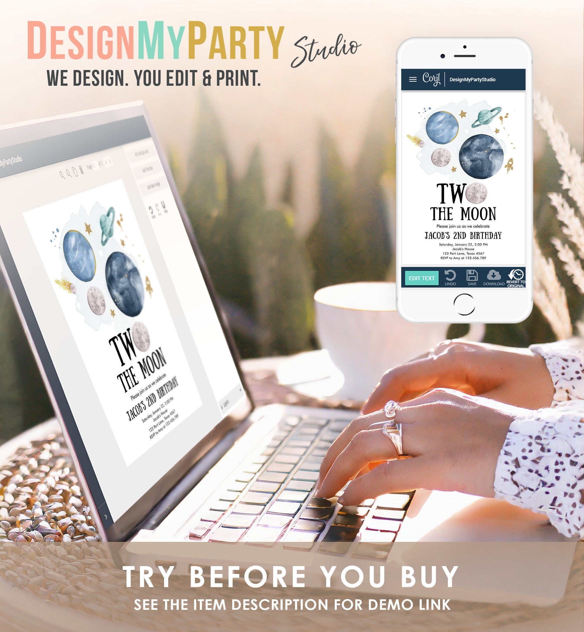 Editable Two the Moon 2nd Second Birthday Invitation Space Planets Rocket Astronaut Galaxy Digital Download Evite Template Printable 0357