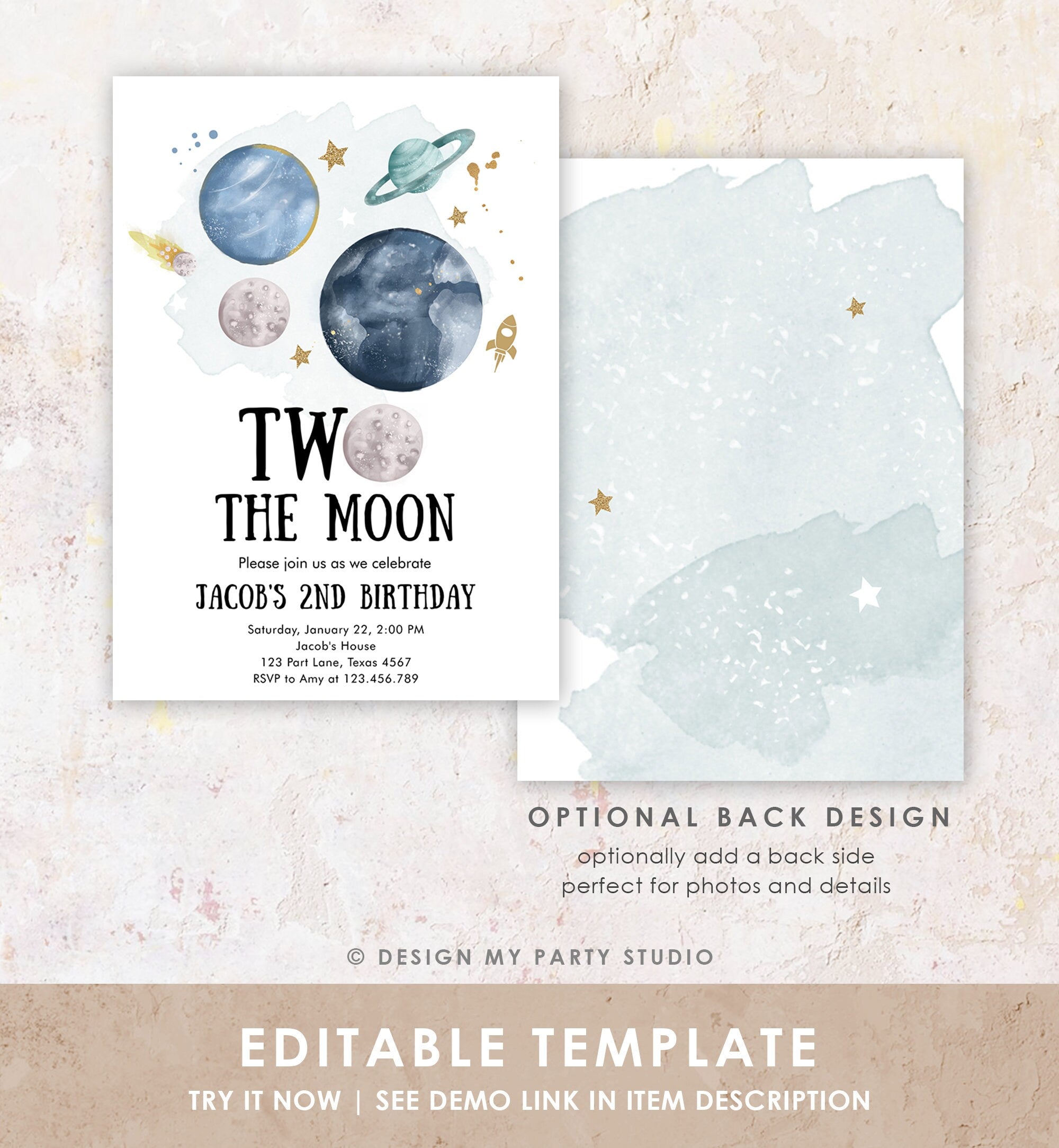 Editable Two the Moon 2nd Second Birthday Invitation Space Planets Rocket Astronaut Galaxy Digital Download Evite Template Printable 0357