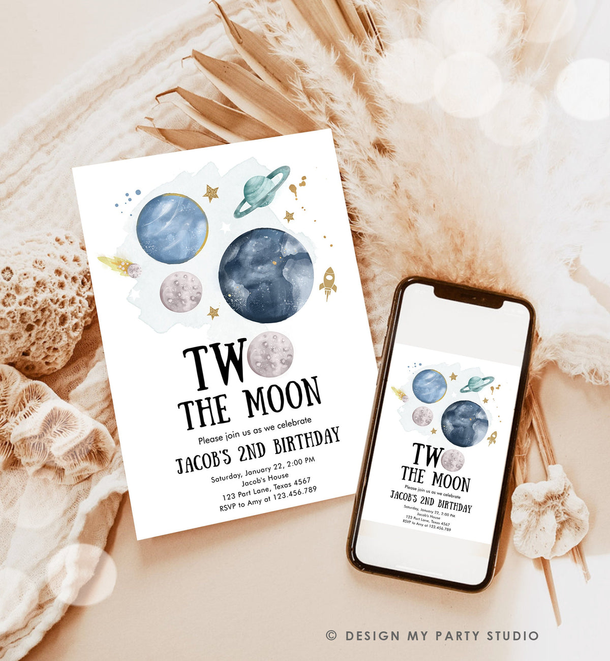 Editable Two the Moon 2nd Second Birthday Invitation Space Planets Rocket Astronaut Galaxy Digital Download Evite Template Printable 0357