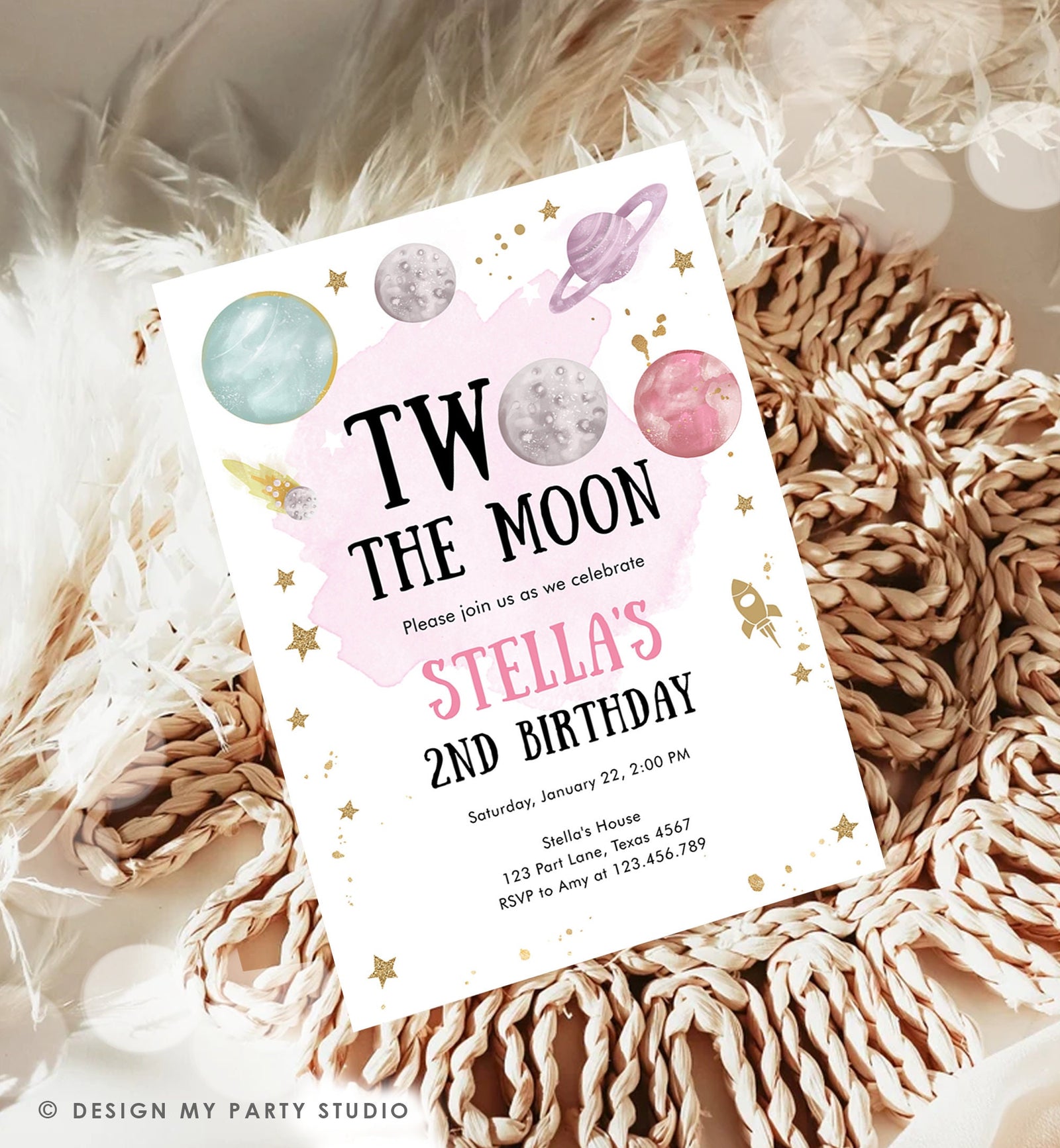 Editable Two the Moon Second Birthday Invitation Space Astronaut Love You to the Moon Galaxy 2nd Girl Digital Template Printable 0357