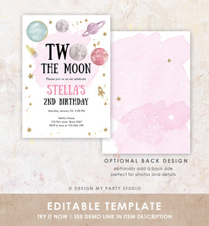 Editable Two the Moon Second Birthday Invitation Space Astronaut Love You to the Moon Galaxy 2nd Girl Printable Template Digital Corjl 0357