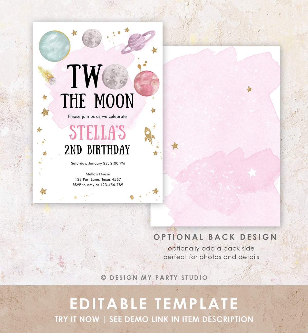 Editable Two the Moon Second Birthday Invitation Space Astronaut Love You to the Moon Galaxy 2nd Girl Digital Template Printable 0357