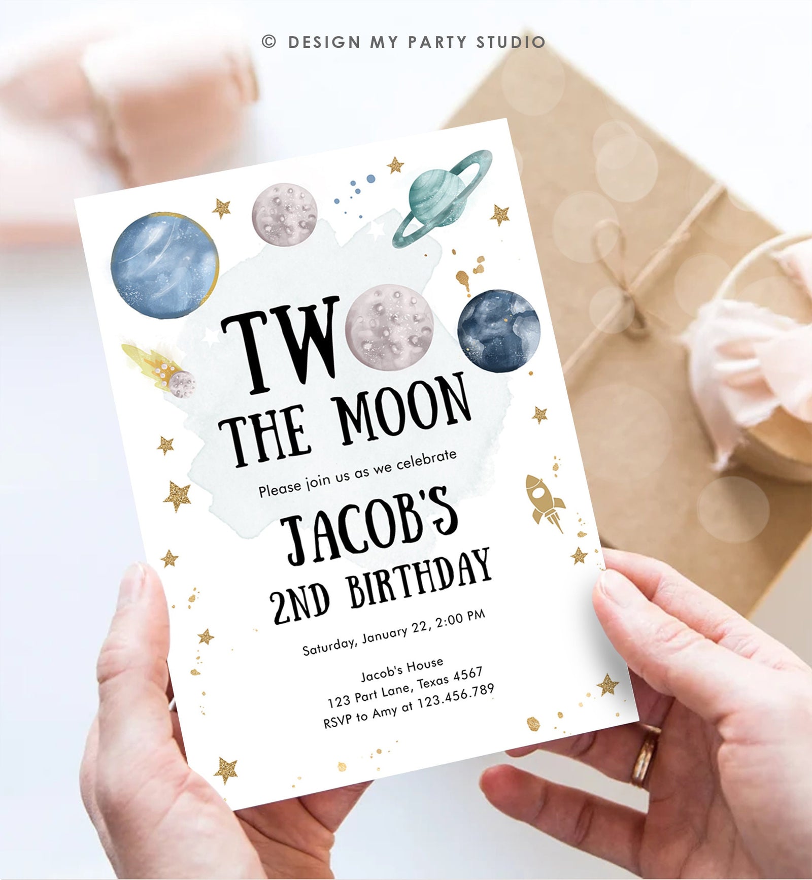 Editable Two the Moon Second Birthday Invitation Space Astronaut Planets Galaxy 2nd Boy Digital Download Evite Template Printable 0357