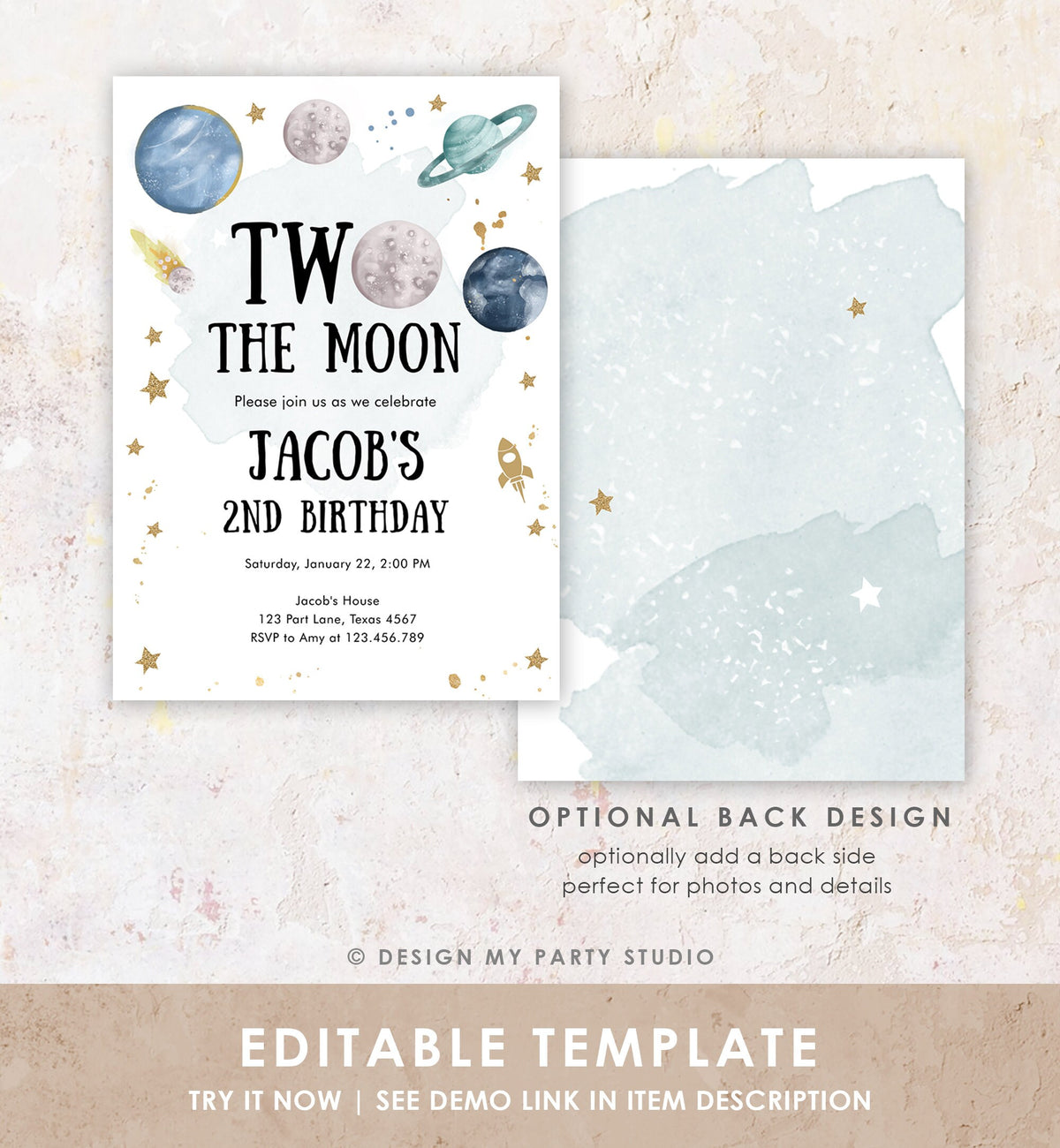 Editable Two the Moon Second Birthday Invitation Space Astronaut Planets Galaxy 2nd Boy Digital Download Evite Template Printable 0357