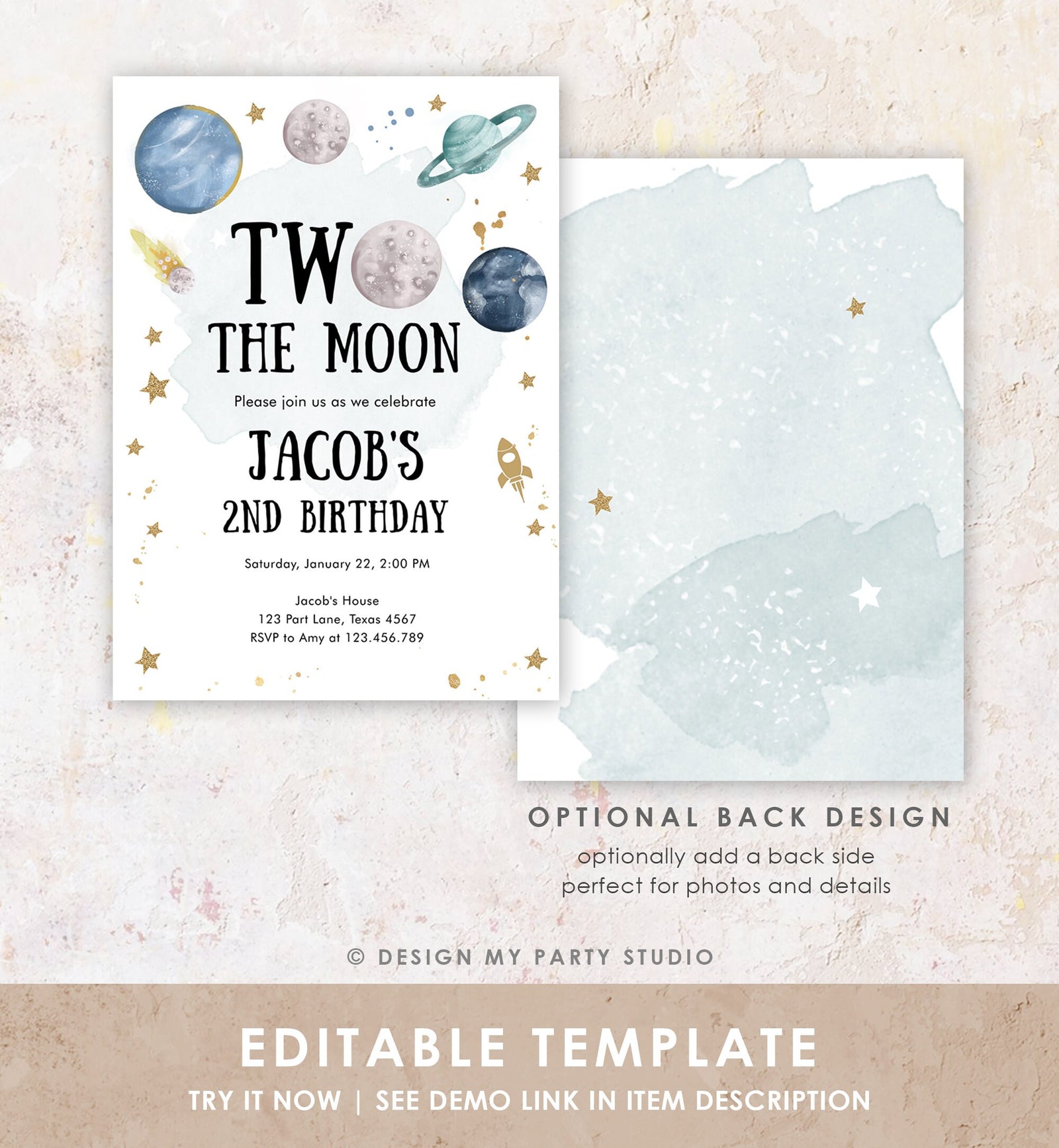 Editable Two the Moon Second Birthday Invitation Space Astronaut Planets Galaxy 2nd Boy Digital Download Evite Template Printable 0357